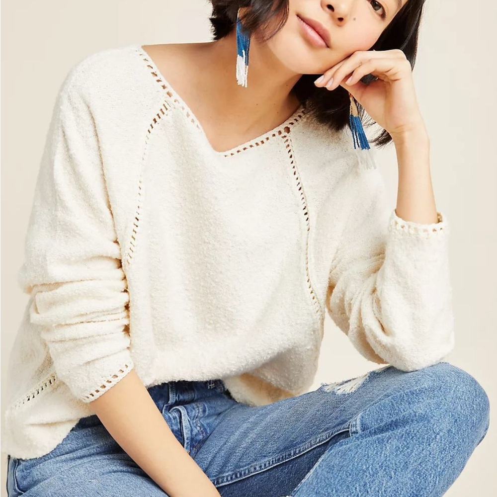 Anthropologie Cream Crew Neck Sweater with Textured Knit